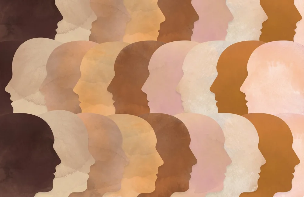 Various skin tones (for a piece on hair colors for warm skin tones) in a graphic image with people on all parts of the scale