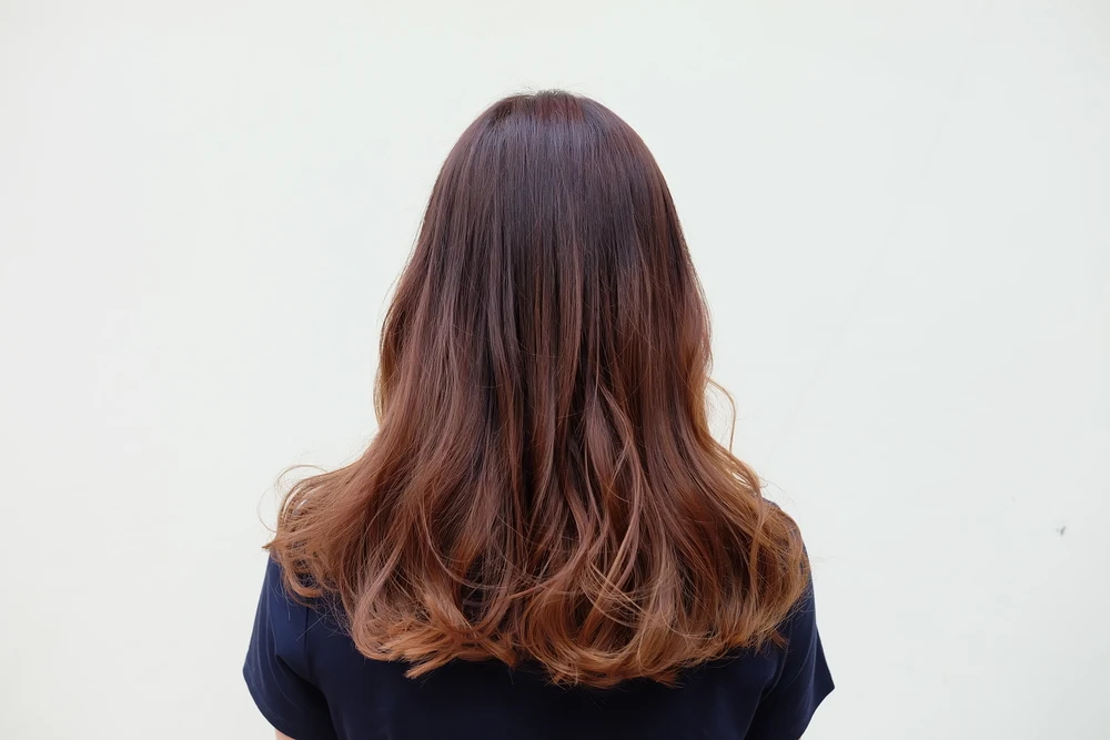 Mahogany Ginger Balayage Red Brown Hair Color on a woman facing away from the reader