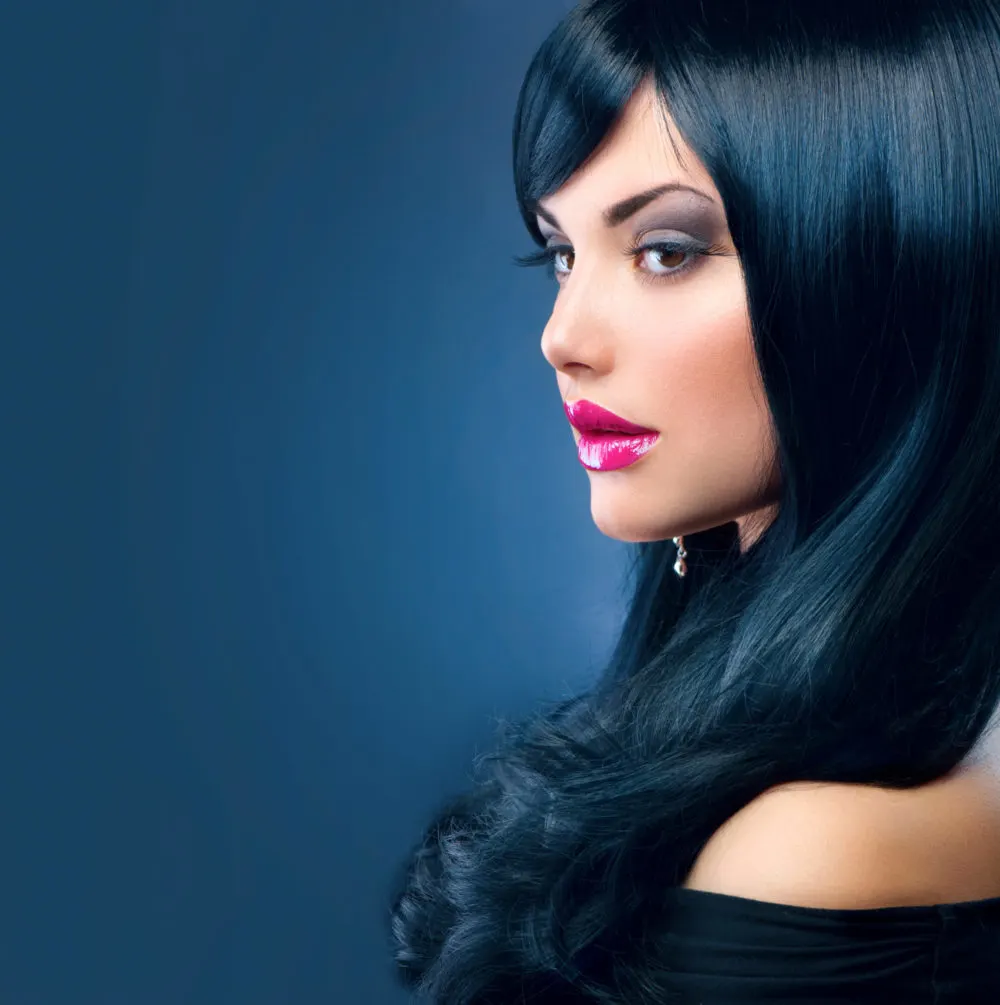 Dark Sapphire Blue Black Hair on a fair skinned woman