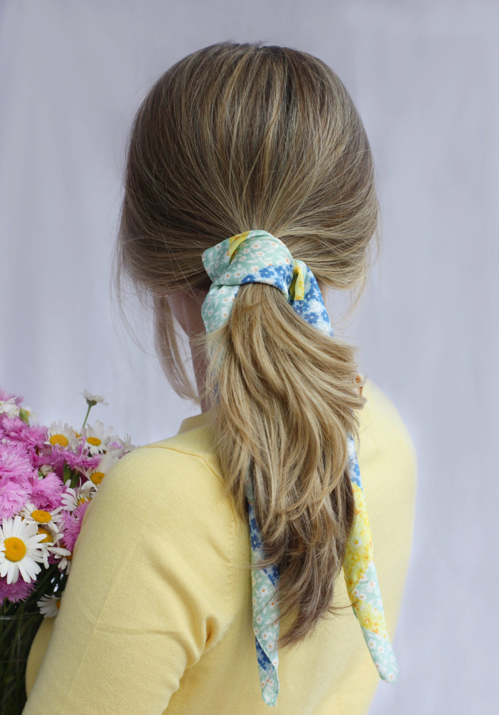 Scarf-Tied Low Pony, an easy hairstyle for women