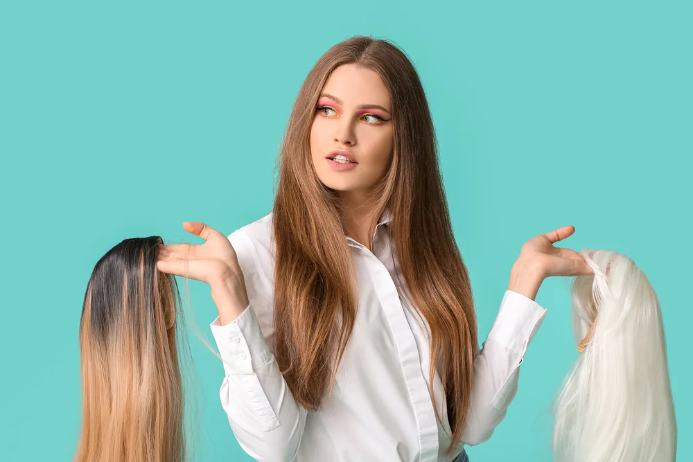 Woman holding two wigs and wondering can you dye synthetic hair