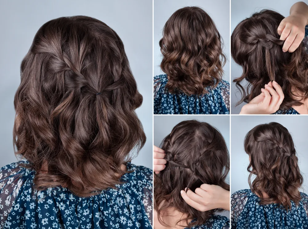 For a piece titled cute braids for short hair, a woman wears Twin Downward Cascade Braids
