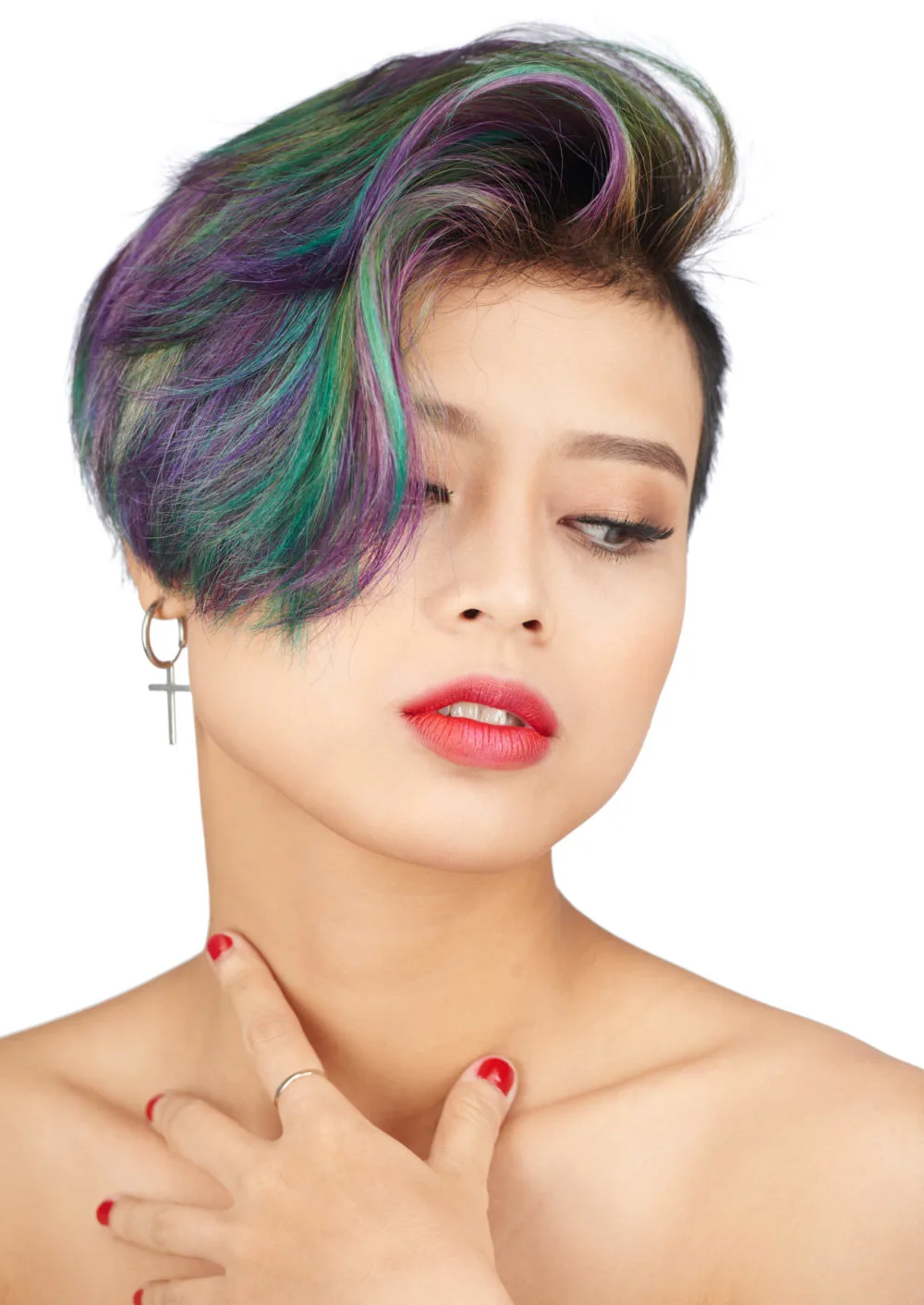 Peacock Oil Spill Hair Color in Varying Colors on a woman with short hair