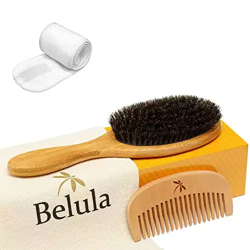 100% Boar Bristle Hair Brush Set. Soft Natural Bristles for Thin and Fine Hair