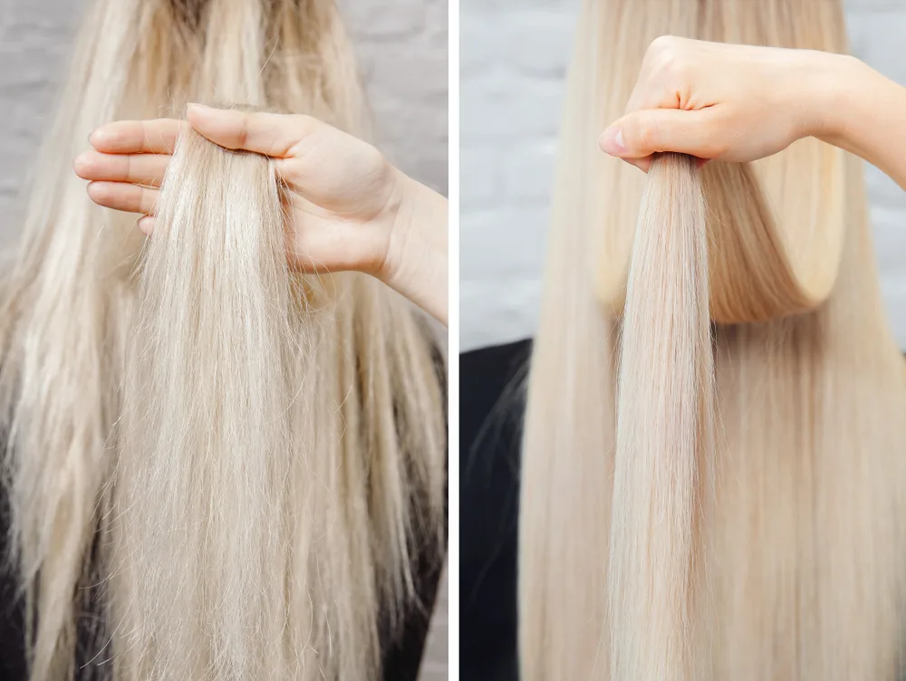 Side by side image of a woman holding her hair for a piece on the best products for damaged bleached hair