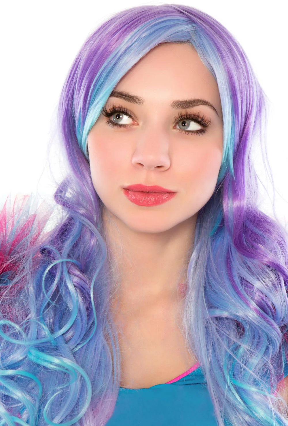 Iris Purple With Sky Blue Face-Framing Color blue and purple hair idea on a woman with pigtails