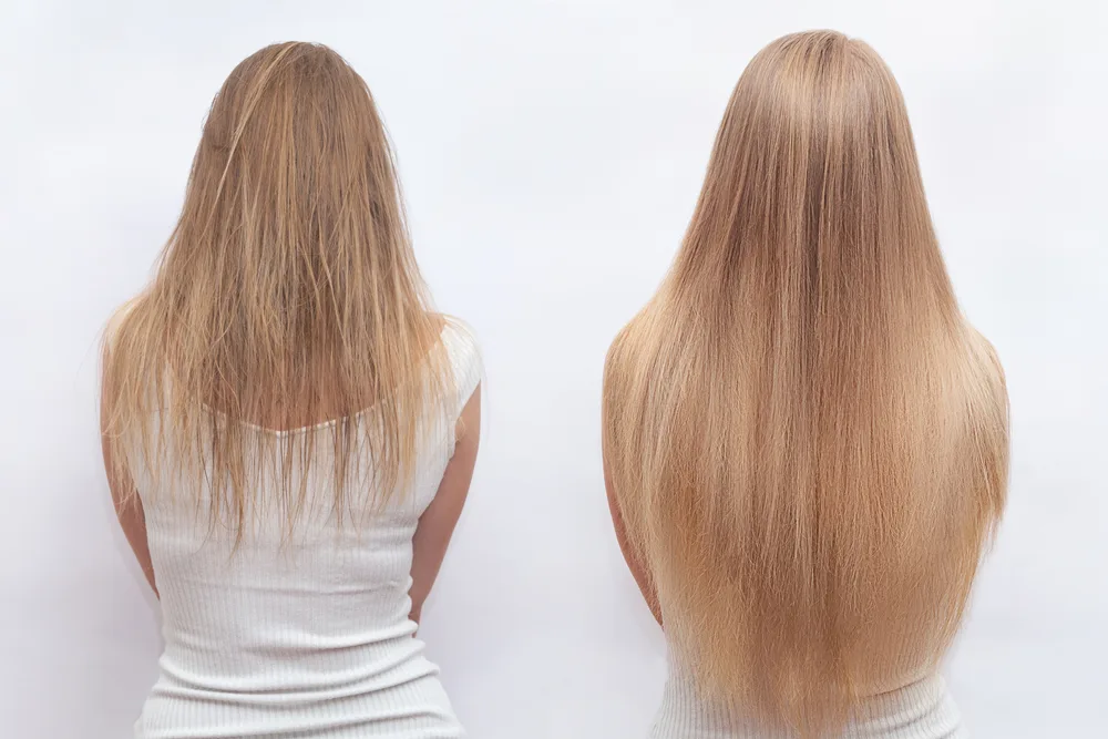 Woman growing her hair and exhibiting several of the best signs of hair growth in a side by side image