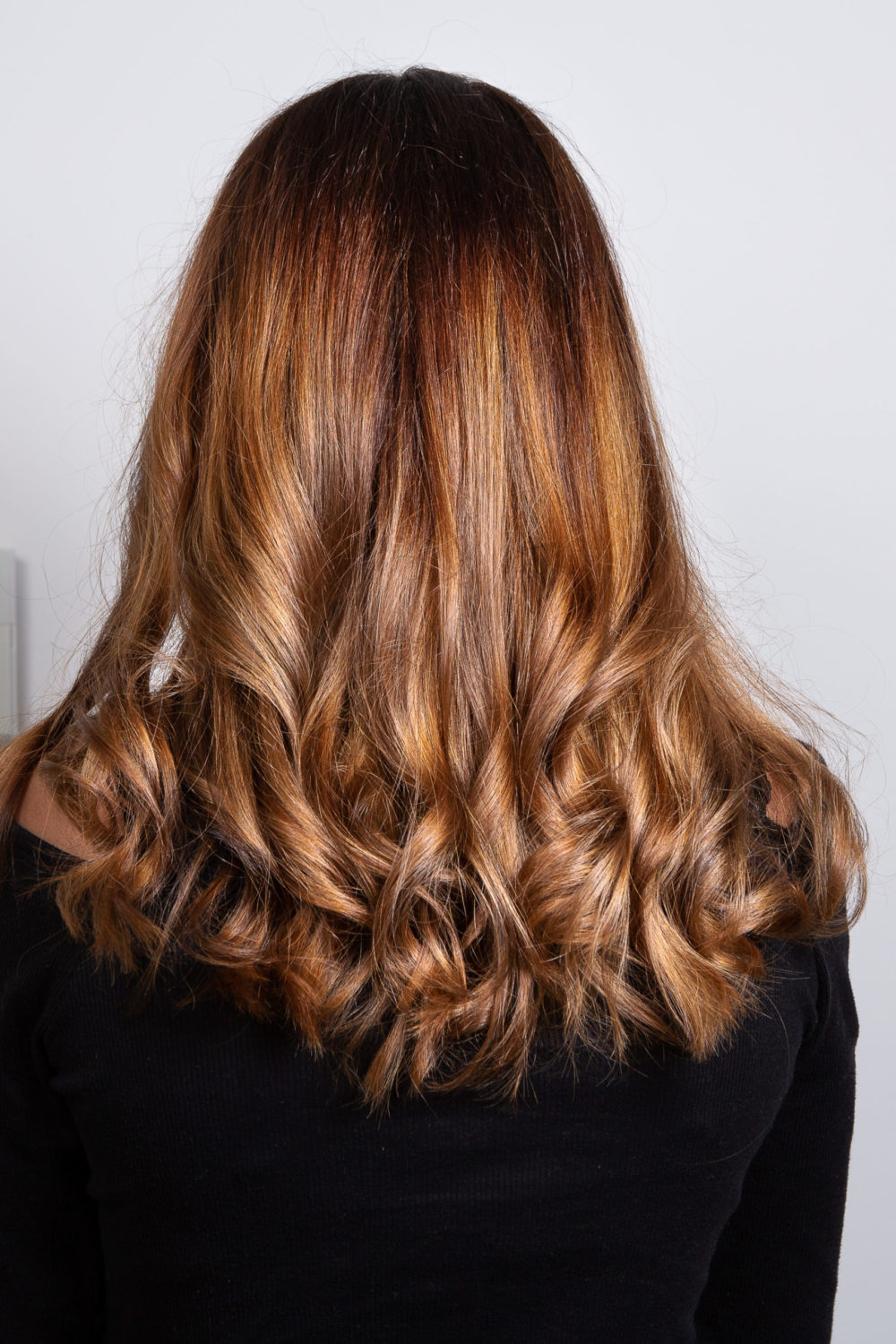 Espresso Brown With Auburn and Dark Copper Blonde Foilyage highlights for brown hair