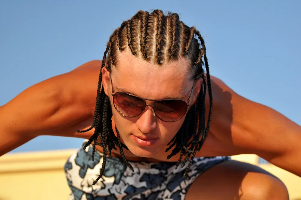 Straight-Back Small Feed-In Flat Braids, a great white men's braids hairstyle