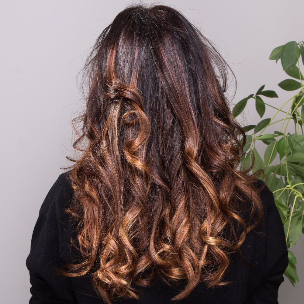 Rear view of long-haired woman in black shirt with espresso and copper balayage hair color