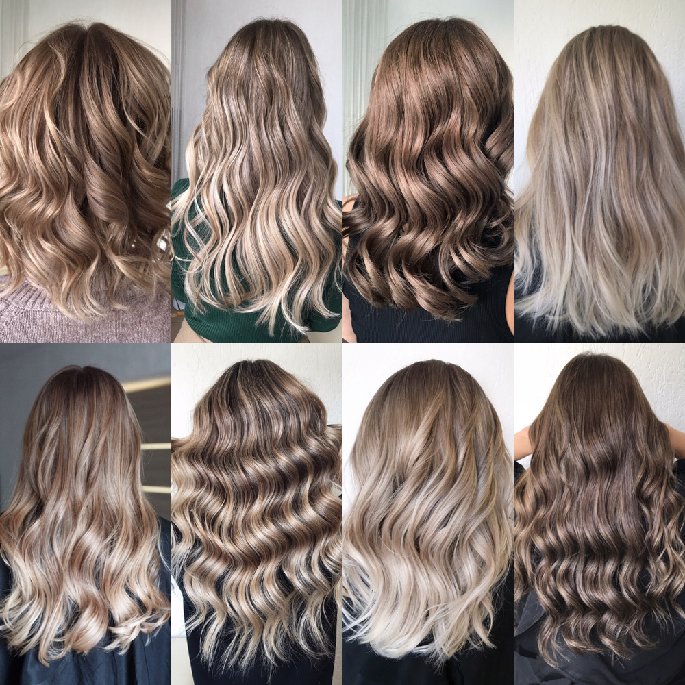 Multiple medium beach waves hair looks shown on different hair colors and styles, seen from the back