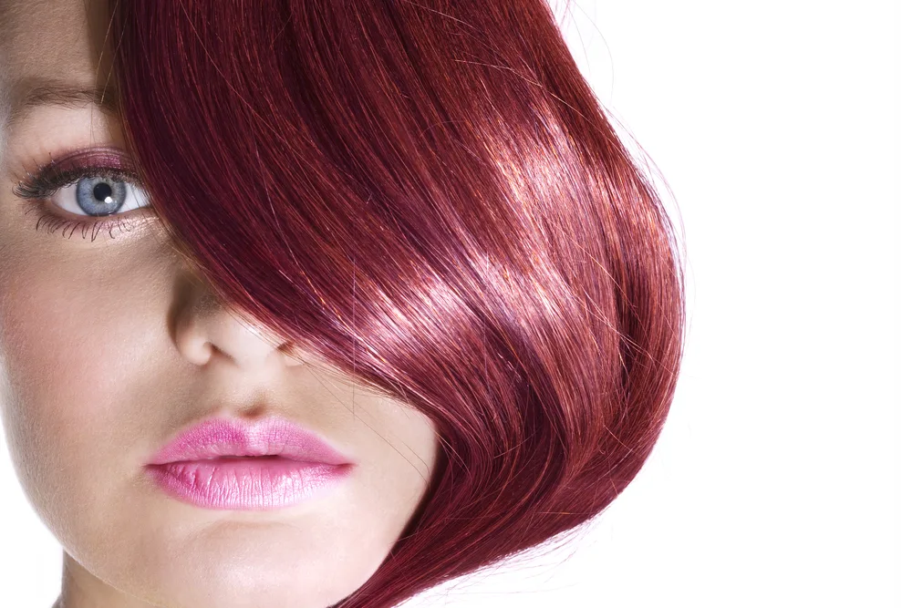 One of the best hair colors for grey eyes, Cool Ruby Raspberry Red