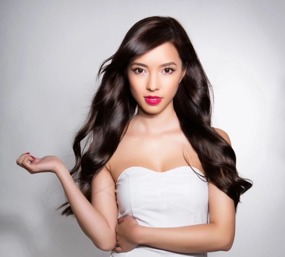 Woman of Asian descent wears a strapless white dress in front of gray background with long curled hair and side bangs with palm facing up