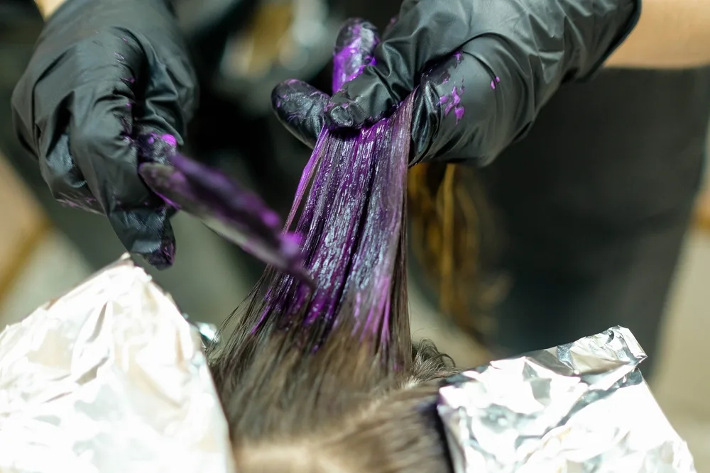 Close up of stylist coloring brown hair with lavender hair dye using a color brush