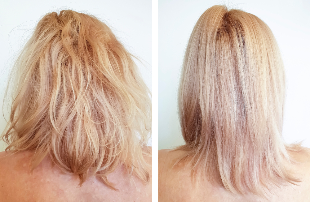 Back view of rose gold hair toned with purple shampoo before and after to remove brassy tones