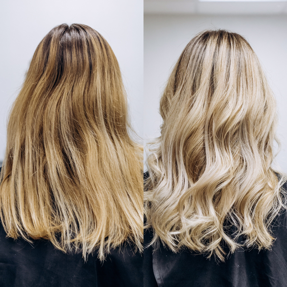 Back view of long, wavy brassy golden blonde hair before and after lightening and toning with purple shampoo