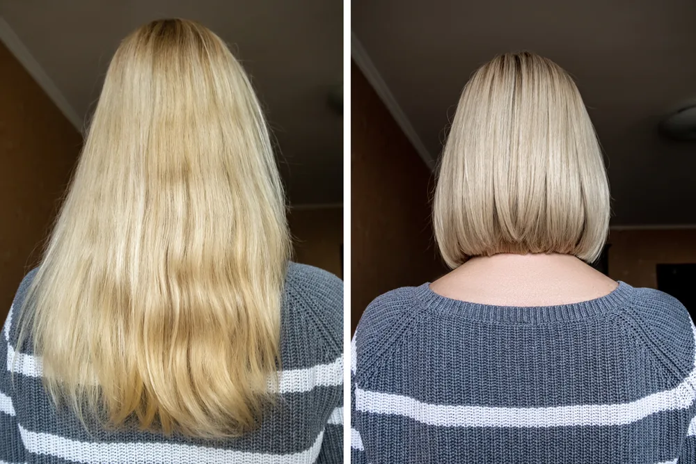 Back view of woman with blonde hair using purple shampoo before and after a haircut from long to a short bob