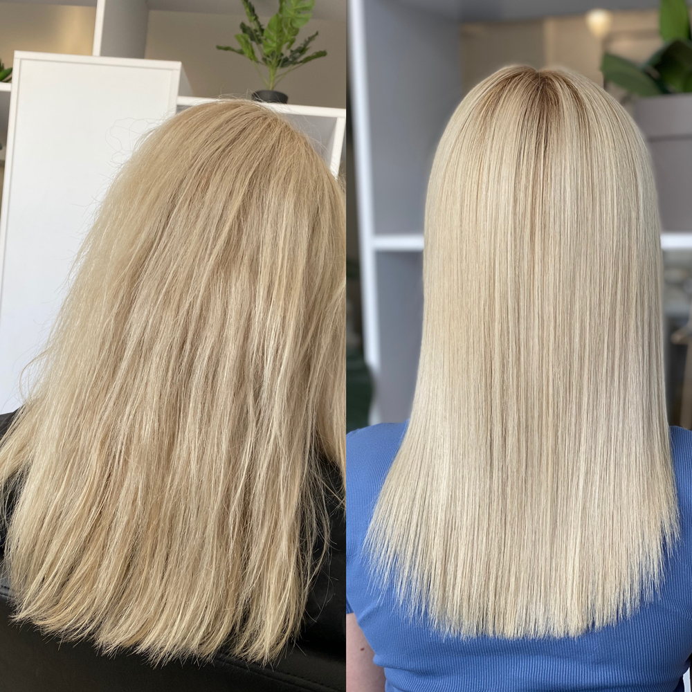 Purple shampoo before and after photo shows back of long hair during the blonde toning process
