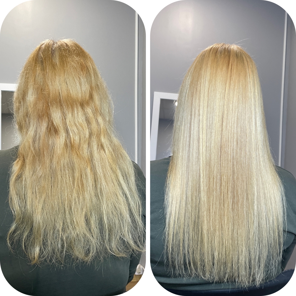 Rear view of blonde woman in a salon with before and after photos of her hair after toning with purple shampoo